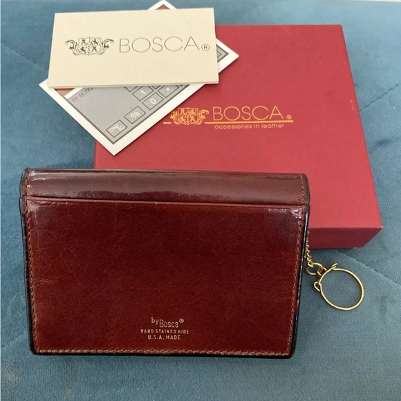 BOSCA Leather Fold Over Wallet Card Case Key Ring Burgundy